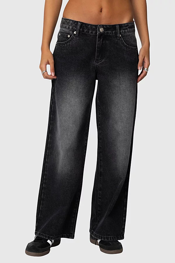 Edikted Petite Magda Low Rise Acid Wash Jean in Black/Washed, Women's at Urban Outfitters | Urban Outfitters (US and RoW)