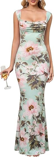 HTZMO Women Floral Wedding Guest Bodycon Maxi Dress Summer Cowl Neck Formal Party Elegant Long Dr... | Amazon (US)