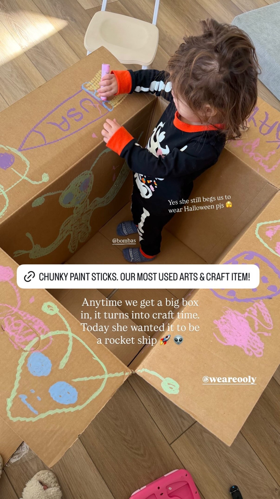 @weareooly  @bombas  Anytime we get a big box in, it turns into craft time. Today she wanted it to be a rocket ship 🚀  these paint sticks keep messes minimal and great for tiny hands 

#LTKmomlife #LTKKids