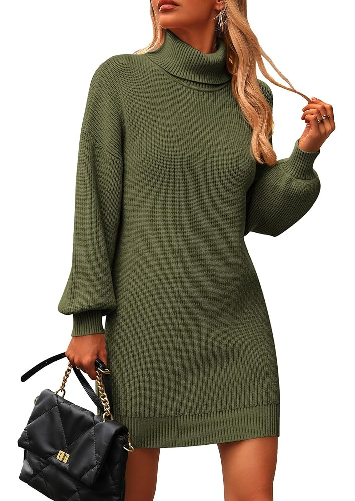 PRETTYGARDEN Sweater Dress for Women Long Puff Sleeve Turtleneck Ribbed Knit Oversized Pullover W... | Amazon (US)