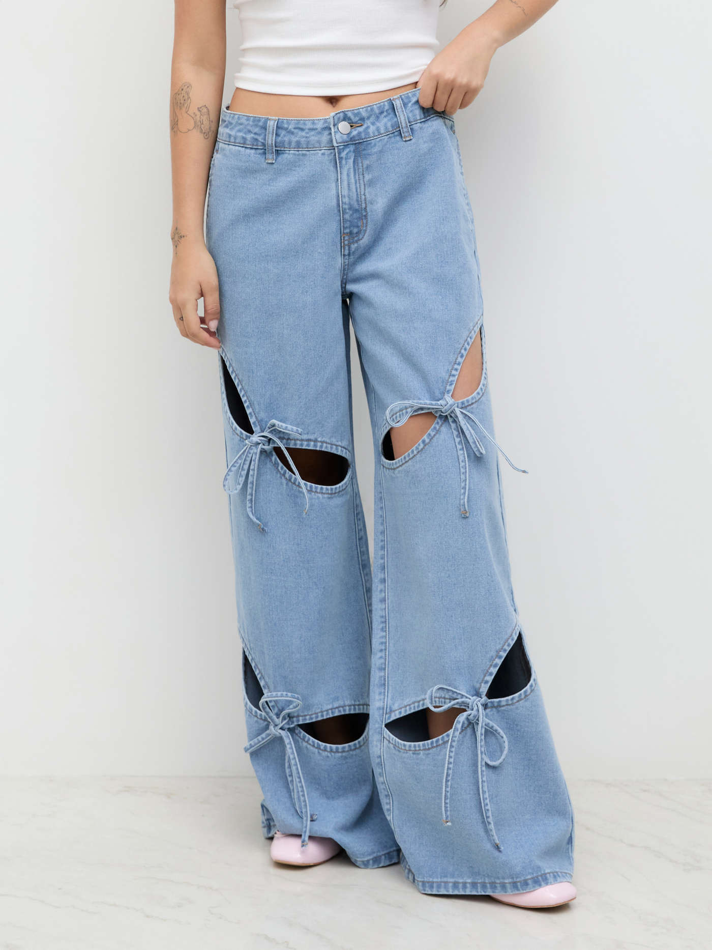 Denim Cider Denim Low Rise Cut Out Bowknot Wide Leg Jeans For Daily Casual | Cider