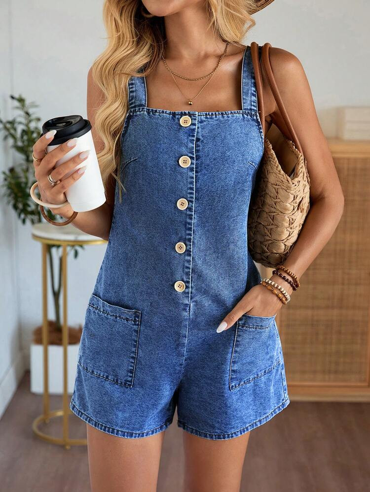 EMERY ROSE Mature Denim Women's Solid Color Minimalist Everyday Denim Jumpsuit | SHEIN