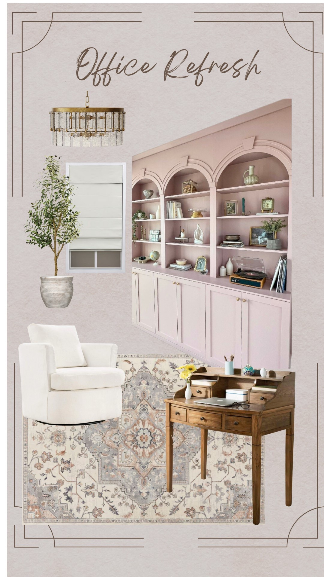 Home office design | office moodboard | girly office | pink office | neutral living room | built ins | cozy desk | design board

#LTKHome