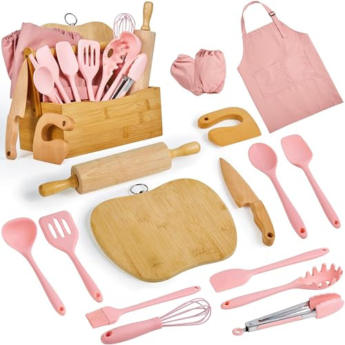 Pulcher Kids Cooking & Baking Sets Real Little Chef Cooking Utensils Kitchen Set Gifts for Girls Boys Juniors with Utensils Cutting Board Kids Safe Knife Rolling Pin Apron Carrying Basket (Coral Pink) | Amazon (US)