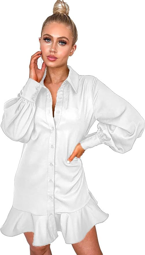 Yi Sha Lei Man Women's Button Down Shirt Dresses Long Sleeve Loose Swing Business Blouse Dress | Amazon (US)