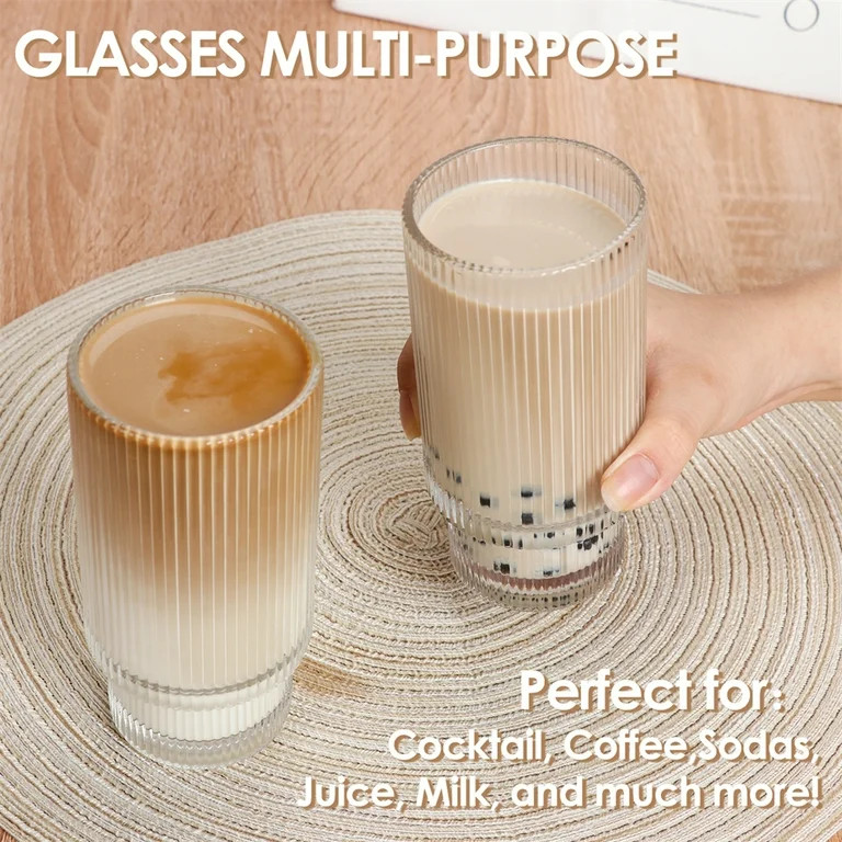 Origami Style Glass Cup Set of 4 Ribbed Glass Cups with Straws Ripple Vintage Glassware (10.5oz, ... | Walmart (US)