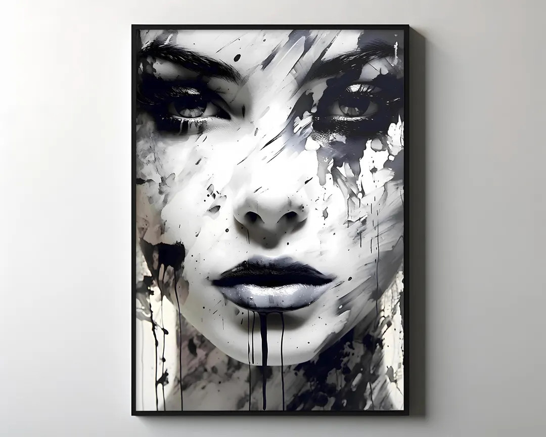 Black and White Woman Face Painting, Large Abstract Texture Wall Art - Etsy | Etsy (Global)