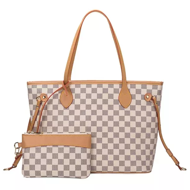 Sexy Dance Big Capacity Brown Checkered Tote Shoulder Bag With Inner Pouch-  Checkered Cossbody Bag - PU Vegan Leather Handbag - Fashion Women Satchel Purse  Bag 