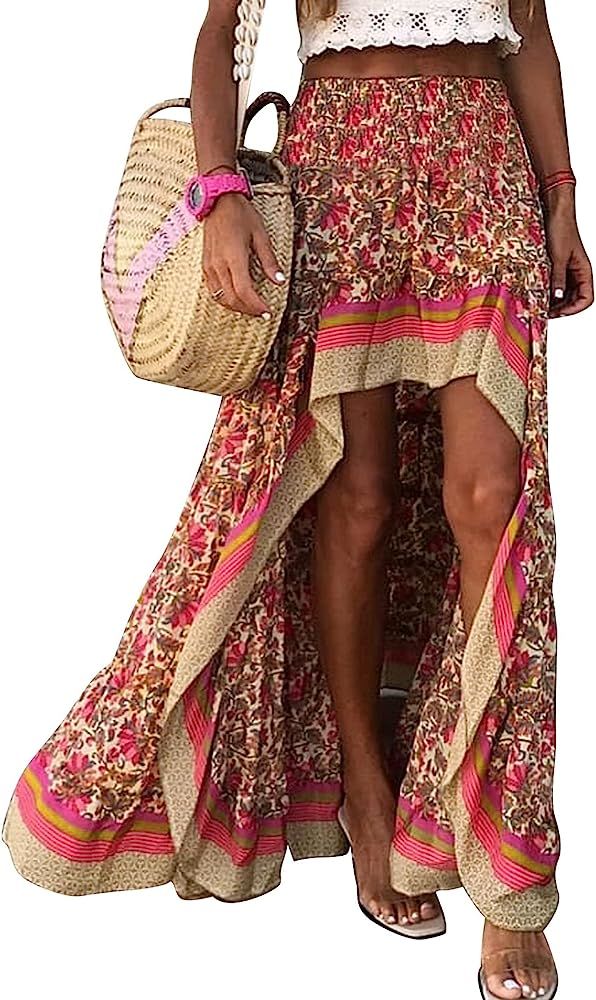Women's Bohemian Floral Long Skirt Chic High Low Side Ruffle Hem Elastic Waist Swing Maxi Beach Skir | Amazon (US)