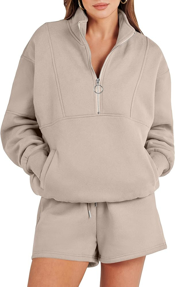 Women 2 Piece Outfits Sweatsuit Oversized Half Zip Collared Sweatshirt & Short Set Lounge Wear Tr... | Amazon (US)
