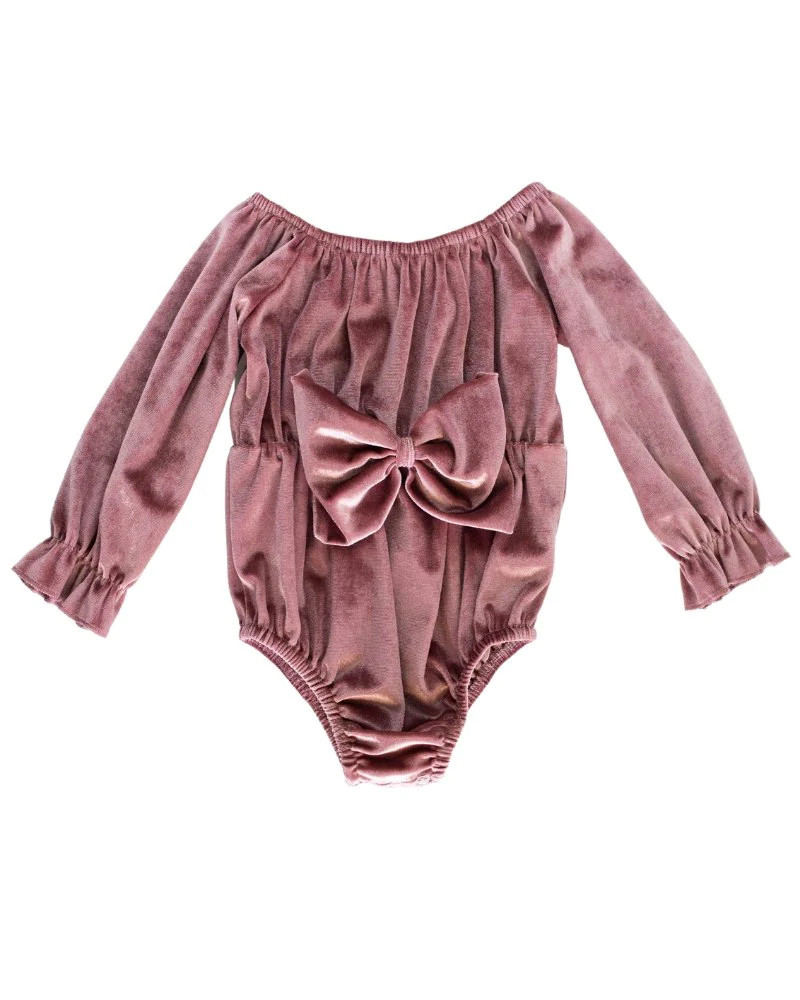 Everly Bow Front Bubble Romper - Rose Velour | Bailey's Blossoms