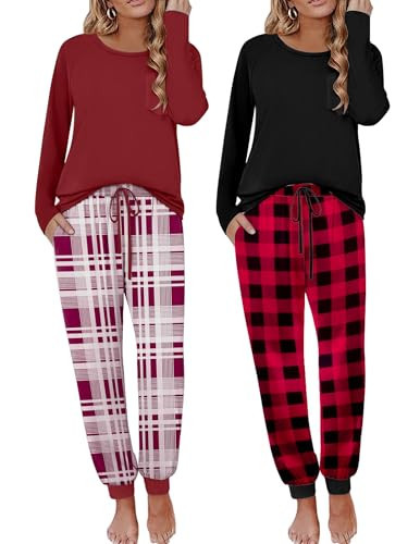 Ekouaer 2 Pack Womens Pajamas Set Long Sleeve Sleepwear Top and Jogger Pants Lounge Sets Cozy Pjs Loungewear,Plaid,Small | Amazon (US)