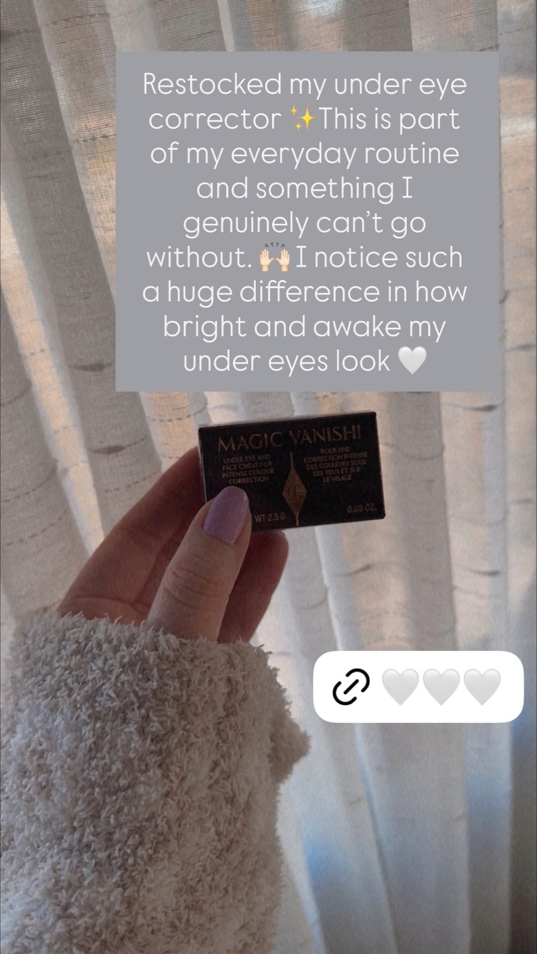 Restocked my under eye corrector ✨This is part of my everyday routine and something I genuinely can’t go without. 🙌🏻 I notice such a huge difference in how bright and awake my under eyes look 🤍Charlotte Tilbury under eye corrector | under eye color corrector | brightening under eye | everyday makeup routine | dark circle corrector | makeup must have | holy grail makeup | everyday beauty staple | under eye brightening | concealer prep | natural makeup look | no makeup makeup | makeup routine essentials | beauty restock | makeup bag staple | under eye coverage | flawless base makeup | beauty favorite | daily makeup products | bright eyes makeup | makeup for tired eyes | under eye makeup | beauty must haves | complexion routine | everyday glam makeup | makeup essentials list | beauty routine staples | base makeup products | under eye routine | makeup favorites

#LTKBeauty #LTKdayinmylife #LTKselfcare