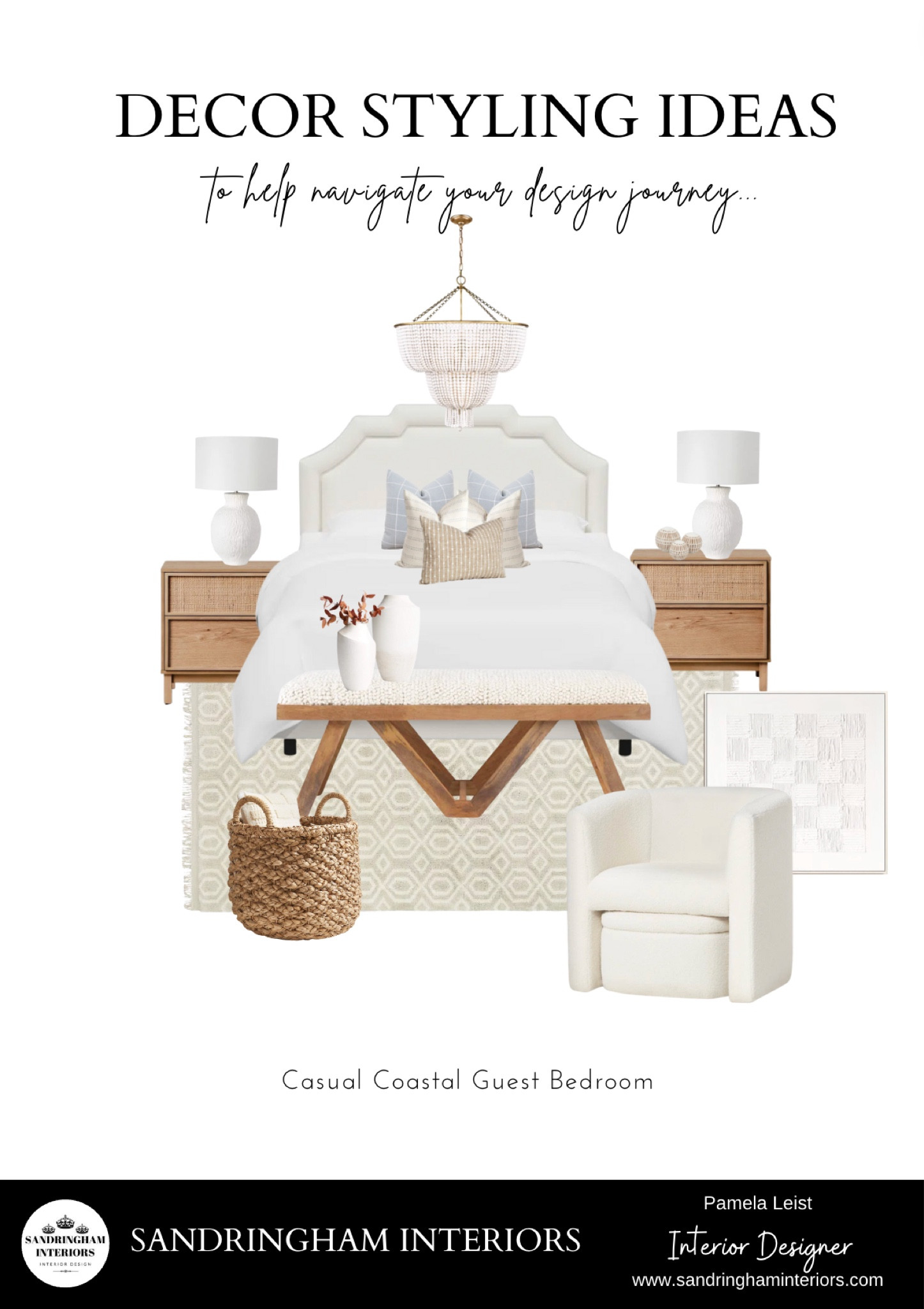 Casual Coastal Guest Bedroom Styling Ideas | Upholstered Bed Frame | Wood Nightstand | Tan Area Rug | Patterned Area Rug | Upholstered Wood Bench | accent Chair with ottoman | Compound Wall Art | Ceramic Table Lamps | Natural Grass Storage Baskets 

#LTKhome #LTKstyletip
