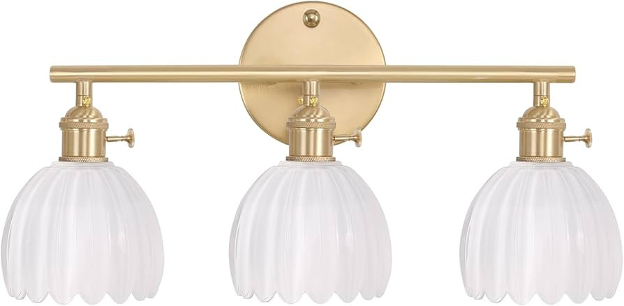 Bathroom Light Fixtures, 3-Light Brass Vanity Wall Light Over Mirror with White Tulip Glass Shade... | Amazon (US)