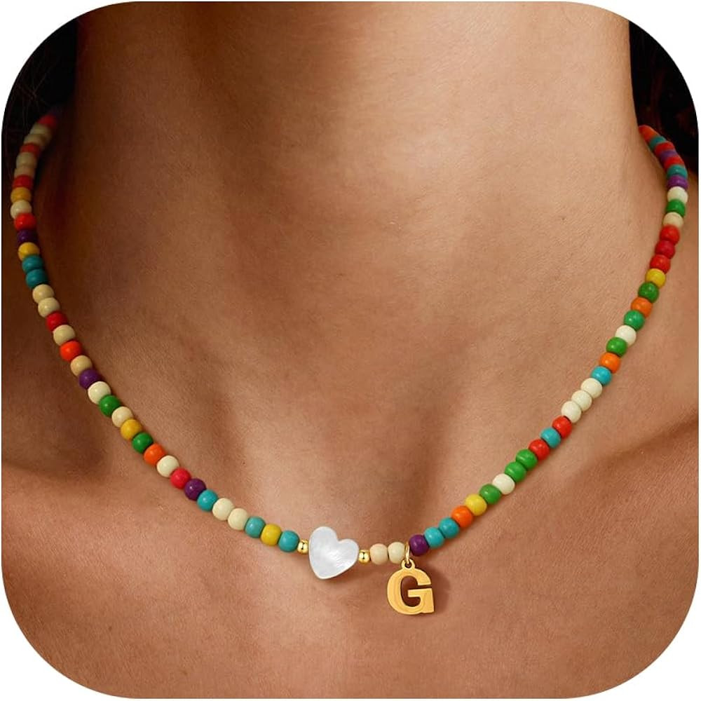 Gold Initial Necklace for Women - Handmade Bohemian Colorful Beaded Initial Stainless Steel 18K P... | Amazon (US)