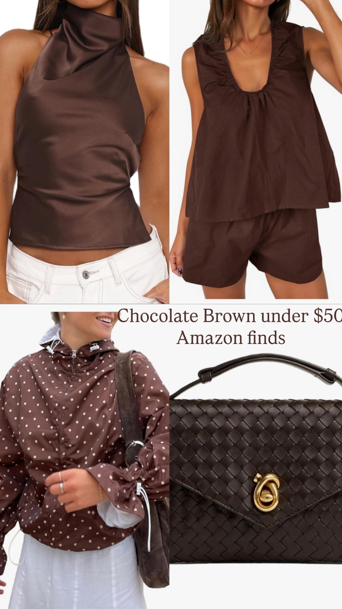 Trending: Chocolate Brown 

Amazon, polka dot, funnel neck, track jacket, halter, satin, matching set, woven, handbag, top handle 

#LTKootd #LTKFestival #LTKSaleAlert