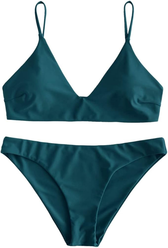 ZAFUL Women's Solid Spaghetti Strap Bralette Bikini Set Two Piece Swimsuit | Amazon (US)