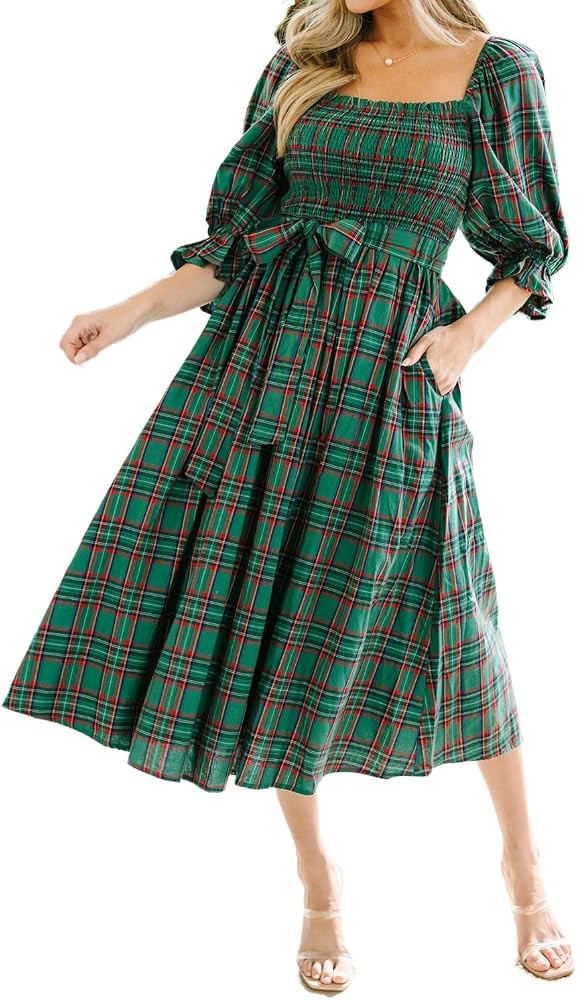 Apvirdy Women's Christmas Plaid Flowy Midi Dress Ruffle Sleeve Square Neck Tie Waist Casual Swing... | Amazon (US)