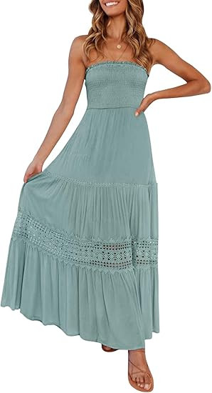 ZESICA Women's Summer Bohemian Strapless Off Shoulder Lace Trim Backless Flowy A Line Beach Long ... | Amazon (US)