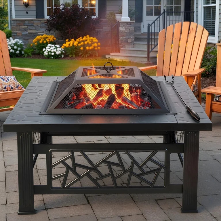 32" Fire Pit Table, UHOMEPRO 3-in-1 Outdoor Fire Pit with BBQ Grill, Mesh Lid & Cover, Modern Met... | Walmart (US)