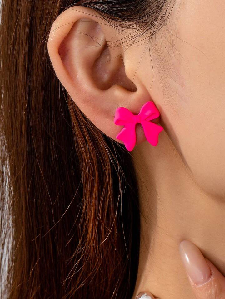 1pair Bright Pink Bowknot Stud Earrings, Perfect Gift For Friend, Daily Wear | SHEIN