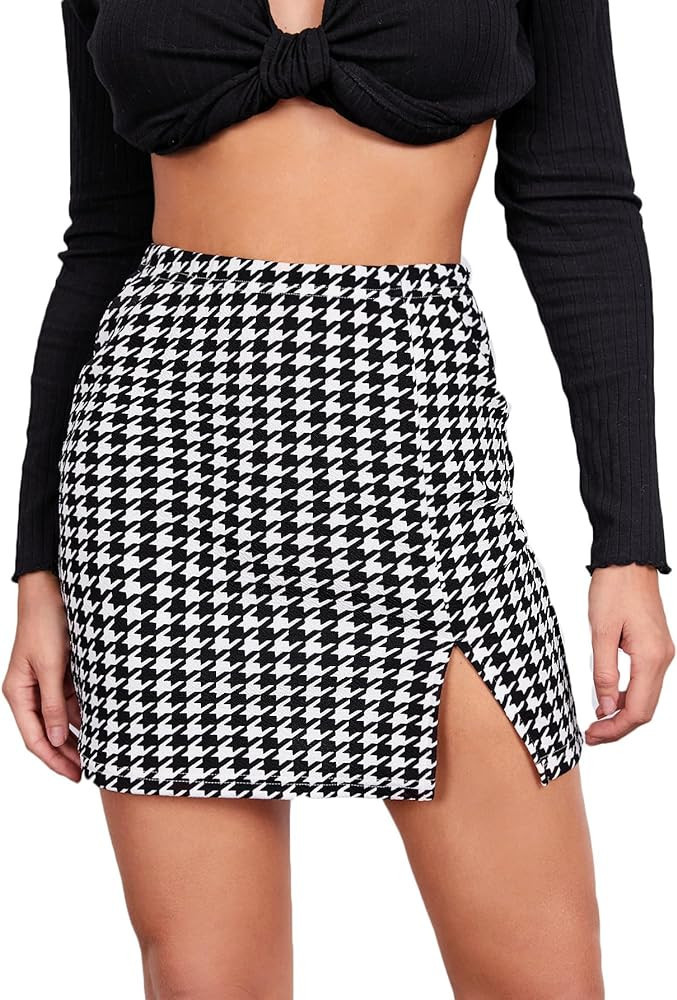 Milumia Women's Elegant High Waist Slit Hem Houndstooth Print Bodycon Mini Skirt | Amazon (US)