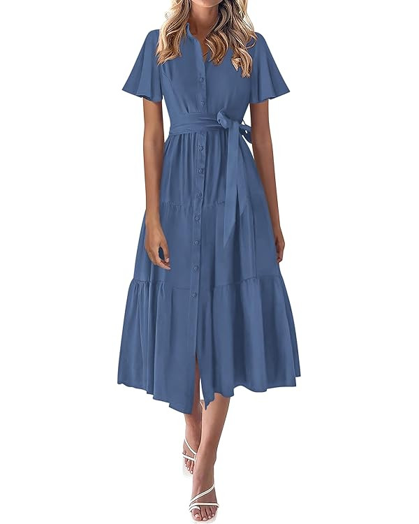 KIRUNDO Summer Button Down Wedding Guest Shirt Dresses for Women Maxi Flutter Short Sleeve Flowy ... | Amazon (US)