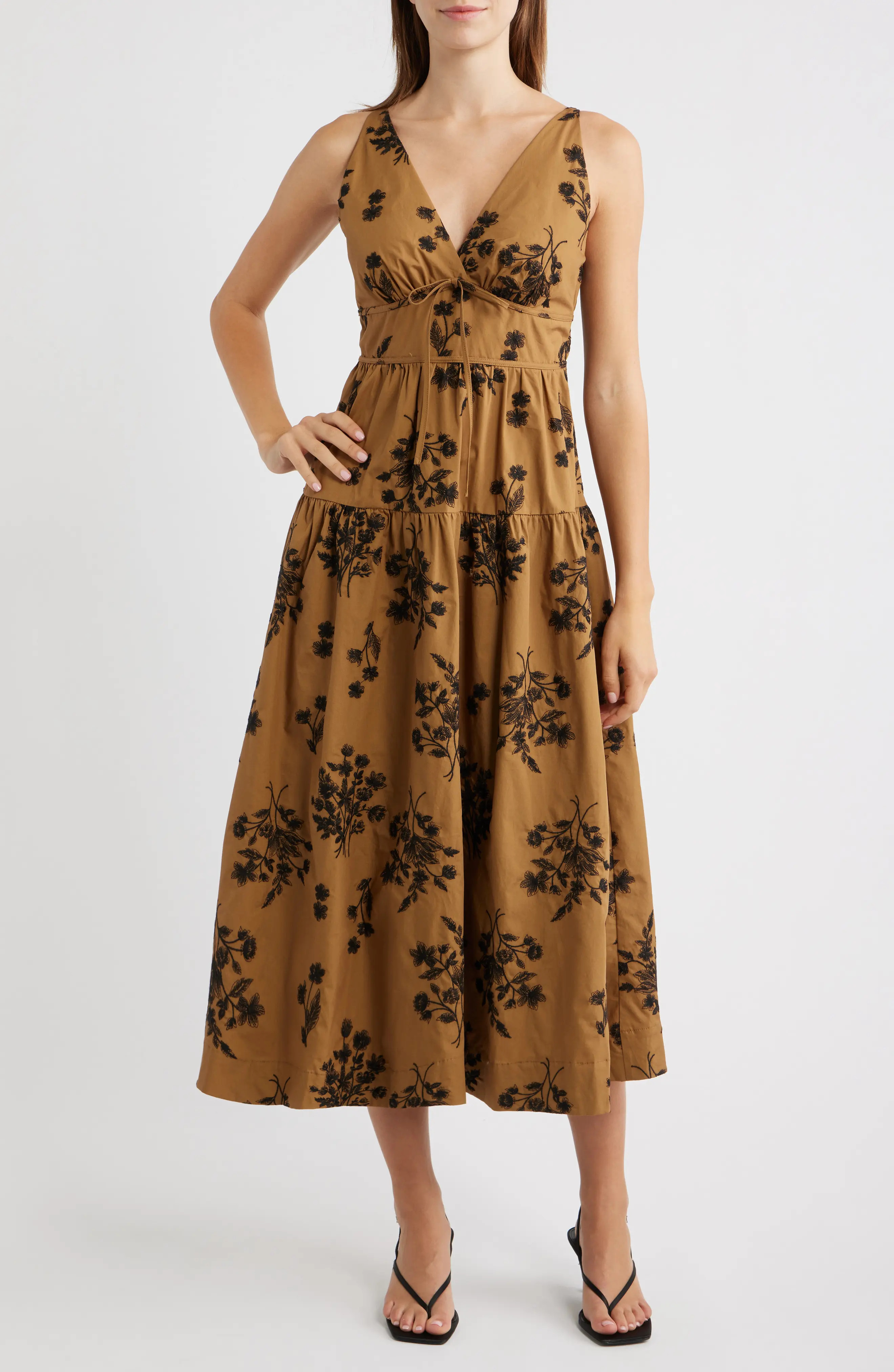 MOON RIVER Embroidered Tiered Sleeveless Midi Dress in Caramel at Nordstrom, Size Large | Nordstrom