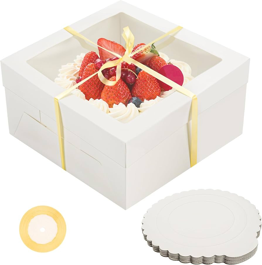 10 Pack White Cake Boxes with Window 12x12x6 Inches with 10 Pack Cake Boards and 1 Roll of Ribbon... | Amazon (US)