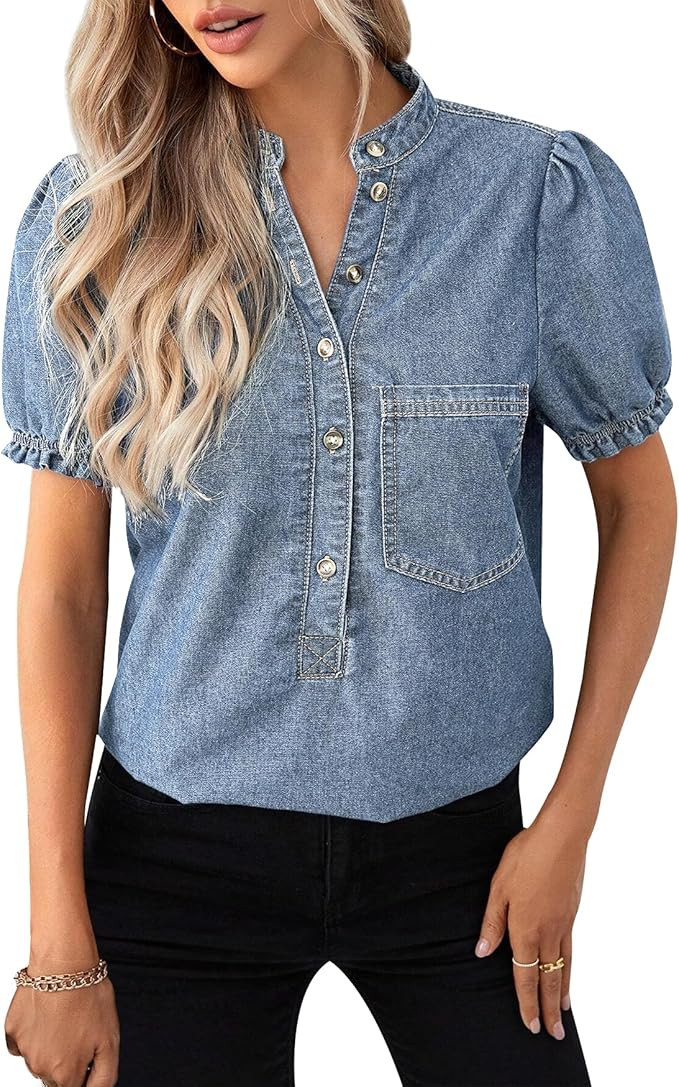 Womens Denim Shirt Casual Button Down V Neck Blouses Puff Short Sleeve Summer Jean Tops | Amazon (US)