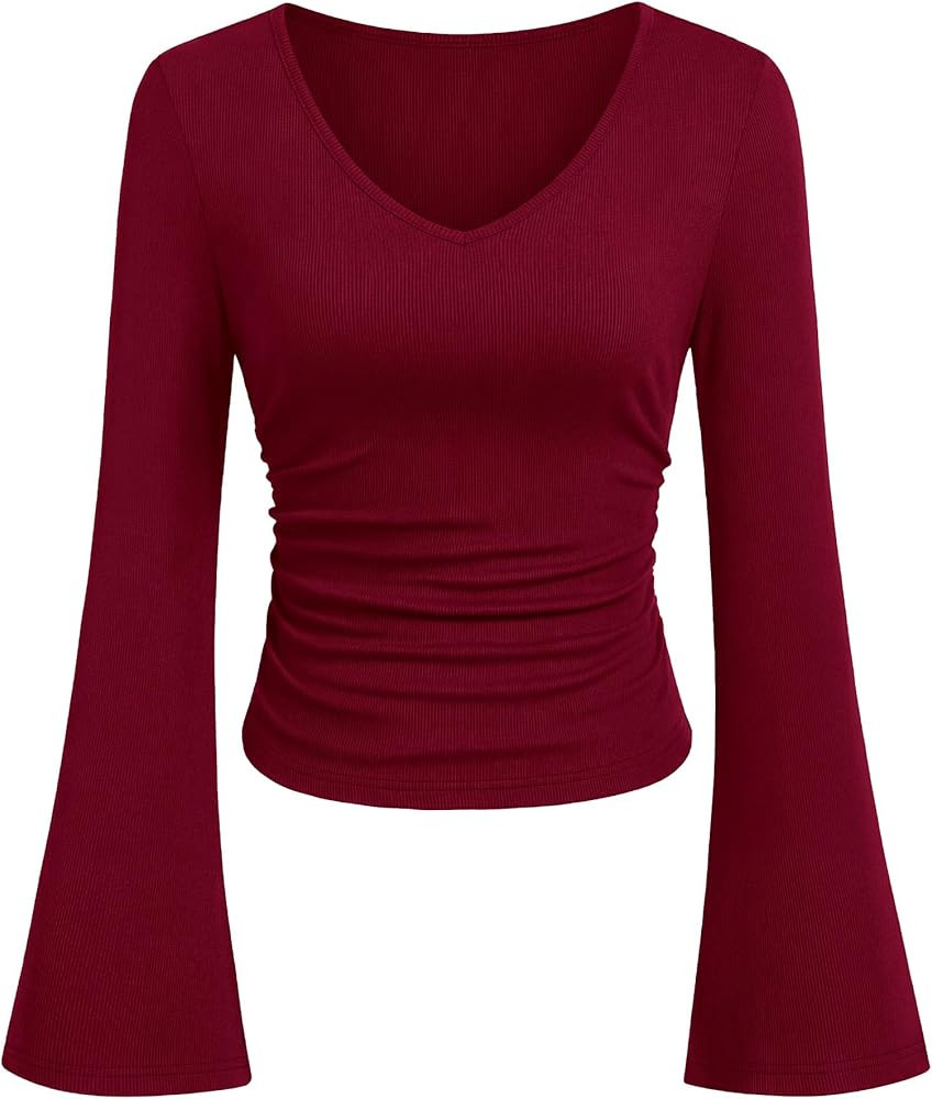 PRETTYGARDEN Women 2026 Fall Long Bell Sleeve Shirts Ribbed V Neck Fitted Ruched Trendy Y2K Going... | Amazon (US)