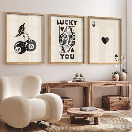 Heiple Framed Set of 3 Poker Wall Art Lucky You Poster, Trendy Retro Print Wall Decor for Queen of Hearts Wall Art Rustic Vintage Farmhouse Home Wall Decor（Brown 12"x16"） | Amazon (US)