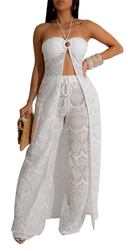 Womens Sexy 2 Pieces Solid Color Lace Crochet Shirt Top Pants Set Casual Tracksuit Outfit Set | Amazon (US)