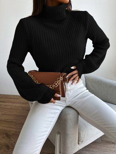 Solid Turtleneck Bishop Sleeve Crop Sweater | SHEIN