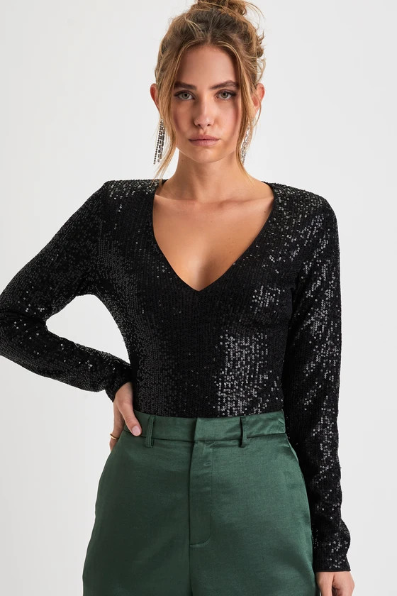 Sparkling Evenings Black Sequin V-Neck Long Sleeve Bodysuit | Lulus (US)
