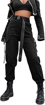 JEAAMKSSER Womens High Waisted Black Cargo Pants with Pockets Baggy Solid Y2k Streetwear Pants | Amazon (US)