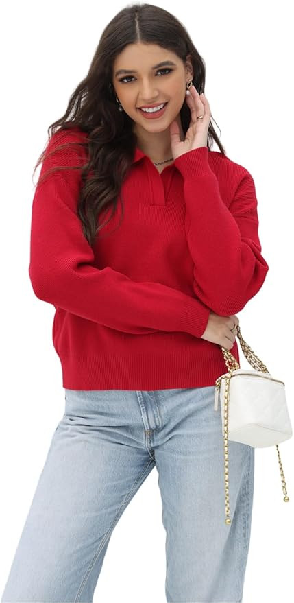 Women's Polo Sweater V Neck Long Sleeve, Pullover Knit Sweaters for Women Lapel Collar | Amazon (US)