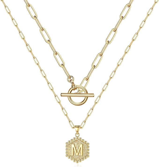 M MOOHAM Gold Initial Necklaces for Women, 14K Real Gold Plated Layered Initial Necklace Hexagon ... | Amazon (US)