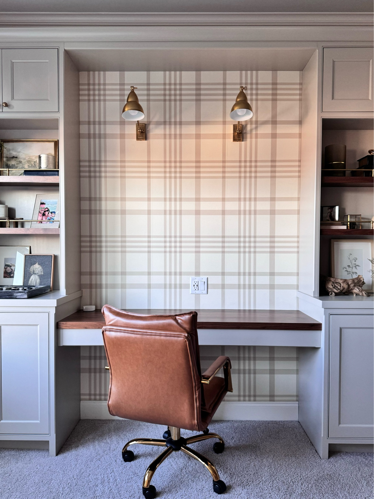 Work desk built in. Wallpaper. Neutral design. Desk chairs. Lighting 

Desk chair is the camel color*

#LTKstyletip #LTKhome