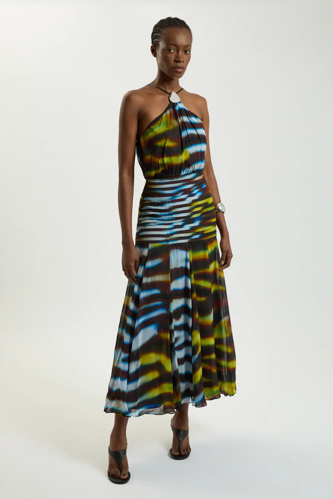 Petite Viscose Georgette Drop Hem Animal Print Woven Halterneck Maxi Dress | Karen Millen