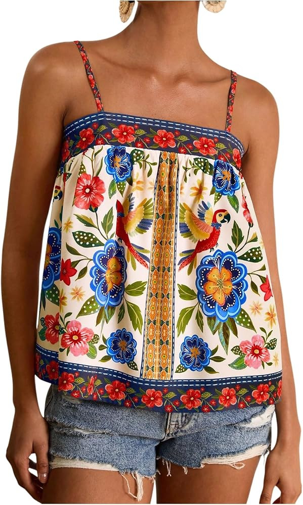 RoseSeek Women's Boho Floral Cami Peplum Tops Graphic Sleeveless Tank Tops | Amazon (US)