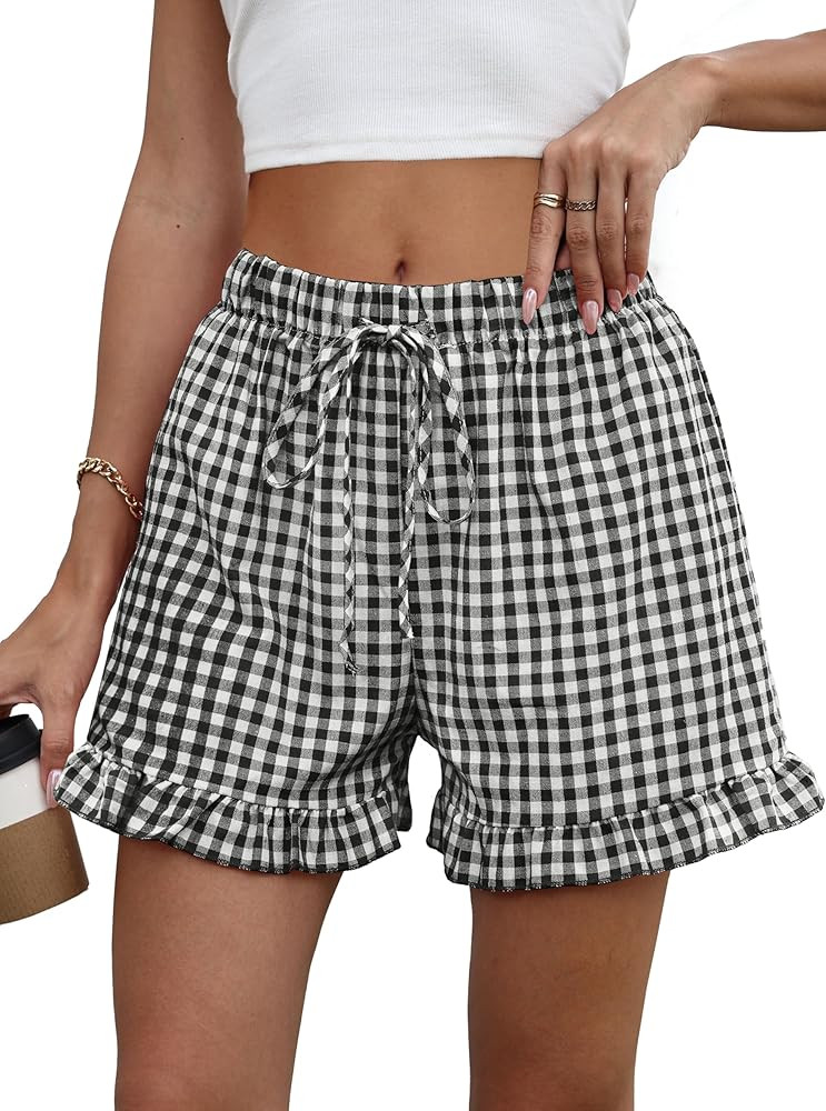 Womens Ruffle Boxer Shorts Cotton Pajama Gingham Summer Lounge Sleep Plaid Y2K Beach Casual Botto... | Amazon (US)