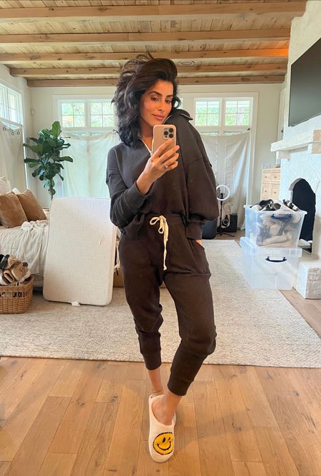 I’ve been living in this comfy lounge set. I sized up to a medium because I wanted a more relaxed fit. I’m also 5’2” so I love how you can easily raise the pant if needed! Slippers are super cozy! 

#LTKshoecrush #LTKfit #LTKstyletip