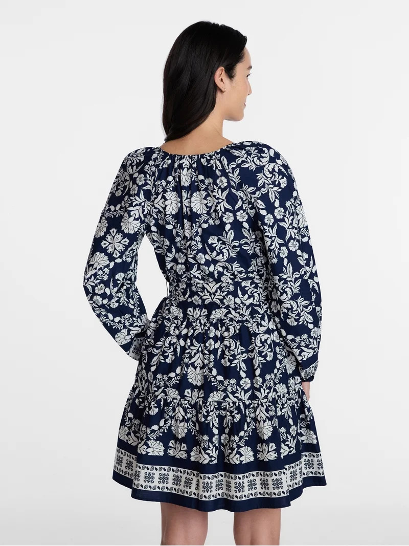 Time and Tru Women's and Women\u2019s Plus Tie Neck Mini Peasant Dress, Sizes XS \u2013 4X | Walmart (US)