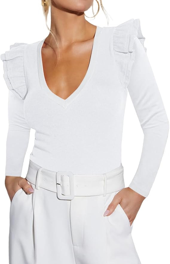 Ezbelle Women's Long Sleeve V Neck Ruffle Shirts Ribbed Knit Blouses Sxey Trendy Fall Tops 2026 F... | Amazon (US)