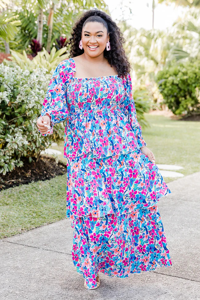 Porch Swing Kisses Blue Smocked Bust Floral Maxi Dress | Pink Lily