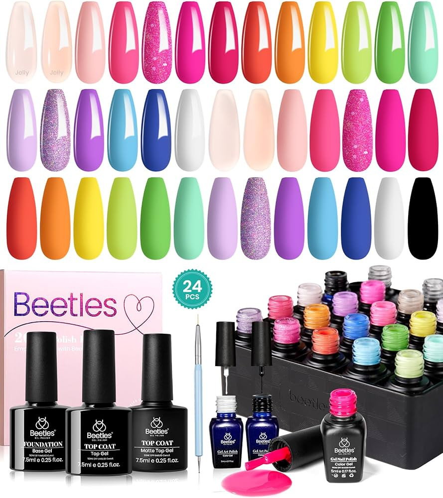 Beetles 24Pcs Gel Nail Polish Set with Base Gel Top Coat White Black Liner Gel Nail Art Brush, 20... | Amazon (US)