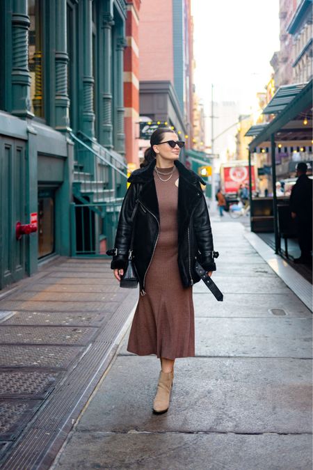 Loving this brown sweater dress paired with a black aviator moto jacket from Avec Les Filles for the winter months  

#LTKSeasonal #LTKworkwear #LTKfindsunder100