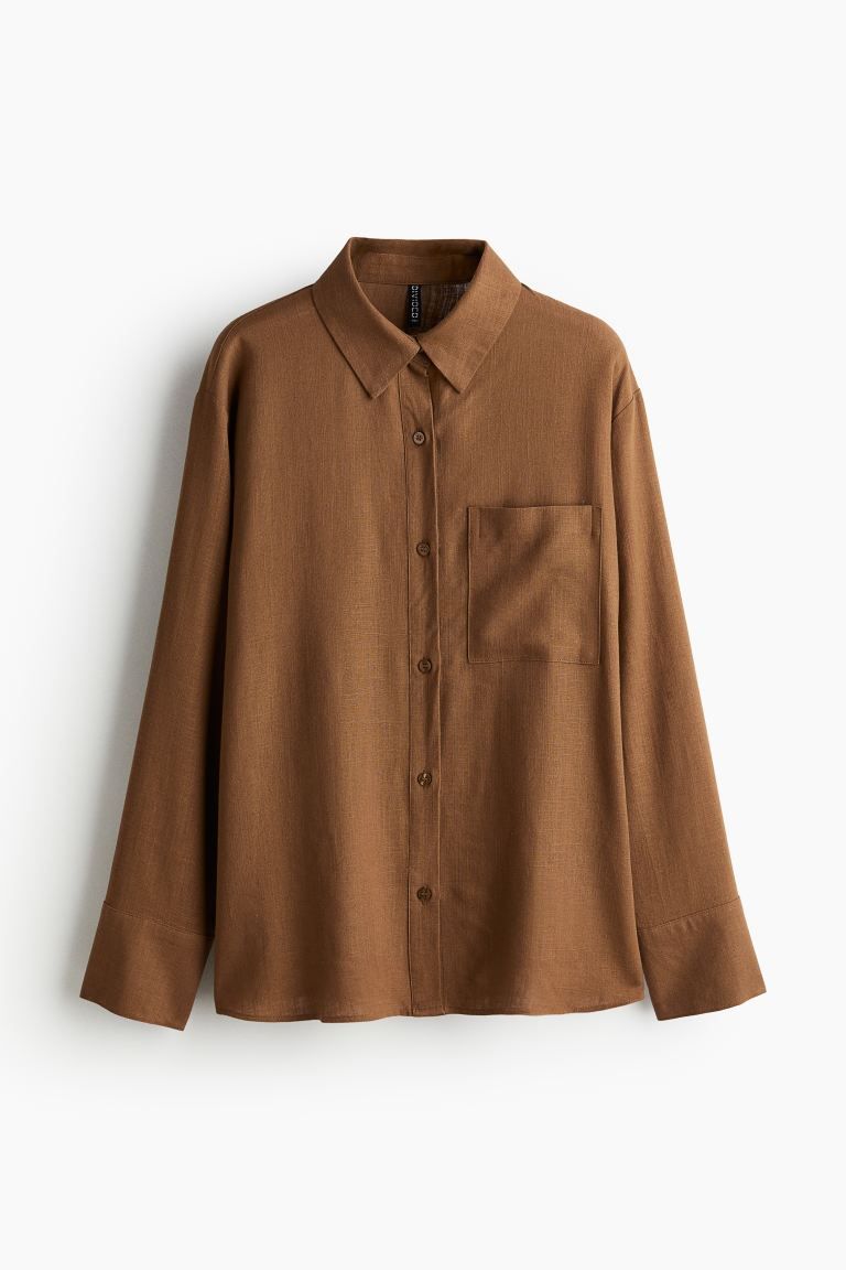 Linen-blend Shirt - Long sleeve - Long - Brown - Ladies | H&M US | H&M (US + CA)